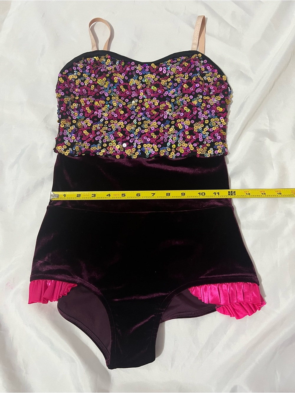 Girls Sequin Velvet One-Piece Bodysuit in Black and Pink